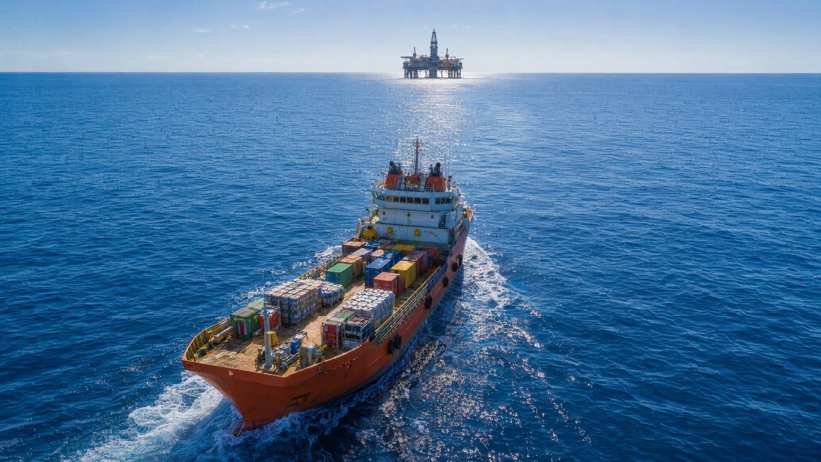 Supply vessel under way to an offshore platform, deck loaded with chemical cargo